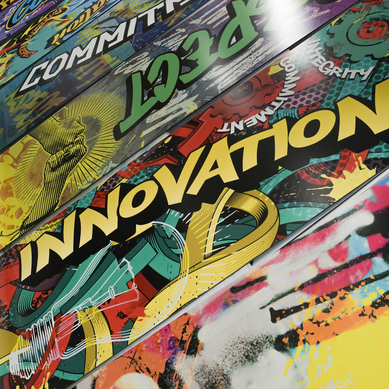 Six graphic panels from a motivational experiential graphics system designed for a teen counseling center inspired by vibrant graffiti