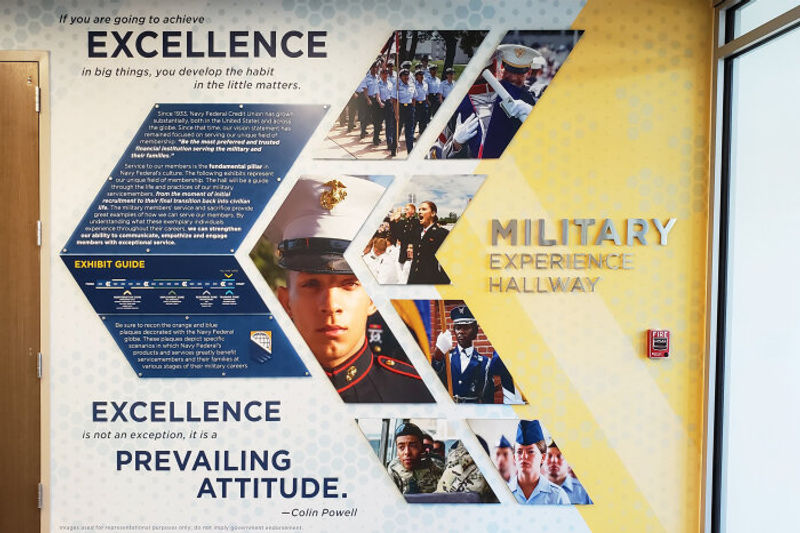 The Exhibit Guide Wall introduces Military Experience Hall at Navy Federal Credit Union's Winchester Office. The design features Amplify custom wallcovering, Moxie graphic panels, and Ethos dimensional letters.