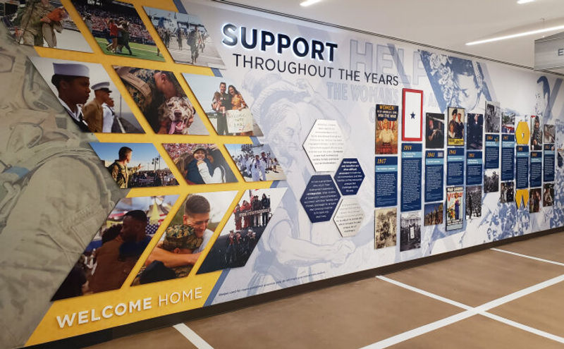 Amplify custom wallcovering, Moxie graphic panels, and Ethos edgelit letters combine to create this dynamic recognition display in the Navy Federal Credit Union Winchester office. The installation celebrates the importance of all those who play a supporti