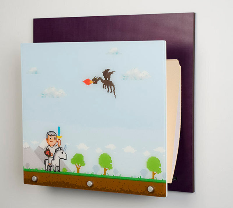 Nest Wall Organizer done for a Children's hospital. Formica Cassis as backer and direct print acrylic face on open ended pocket.
