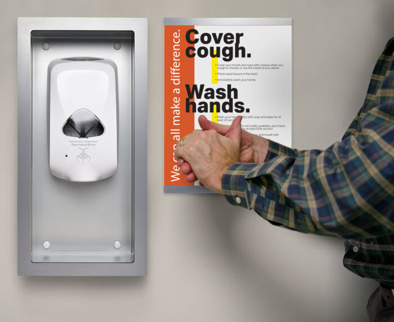 Notice holder with with a magnetic top-edge that enables immediate access & updatable cleanable insert for frequently changing messages helps you Inform and protect patients & visitors AND a Sanitizer Station configured to hold Purell - endless configurat