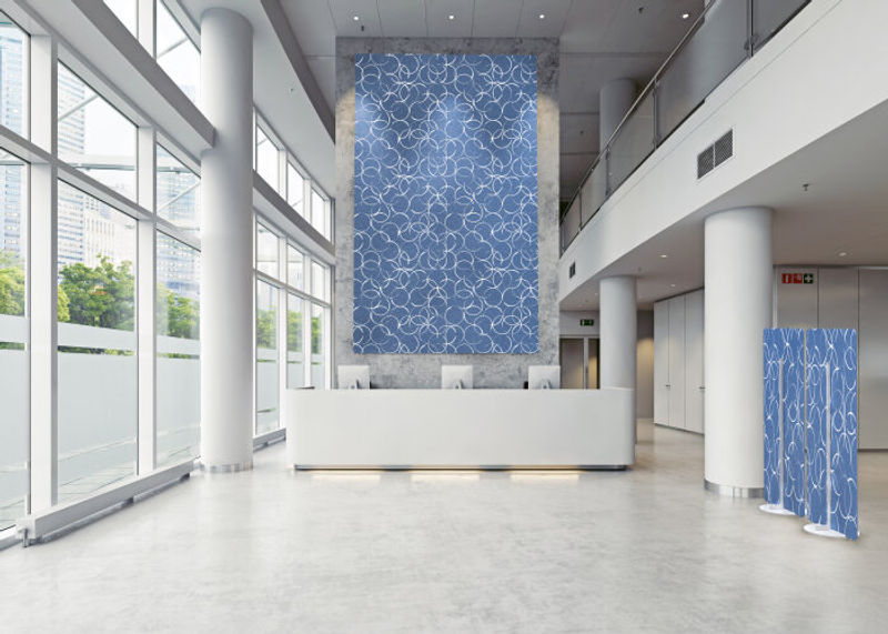 Oomph acoustic wall panel & freestanding partition both with a print pattern