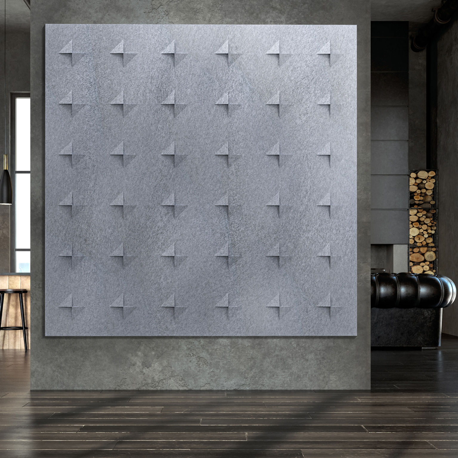 Gray acoustic panel installation with diamond-shaped push-through pattern on a concrete wall in a contemporary office hospitality lobby