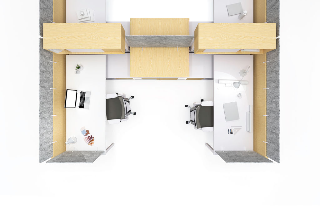 An office workspace with sound absorbing acoustic partitions.