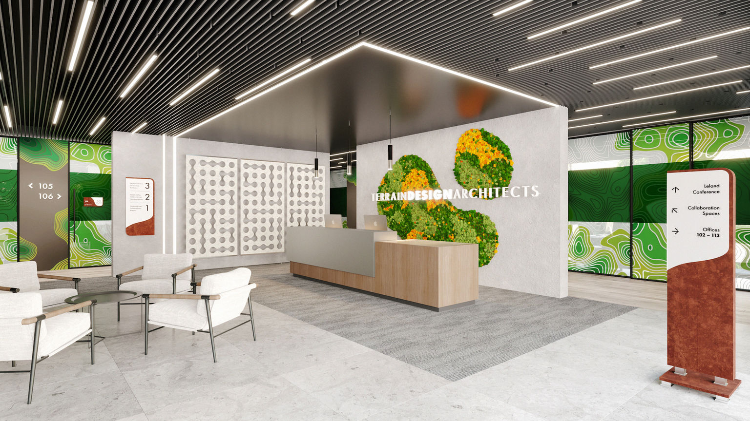 The lobby for a landscape architecture firm office features experiential graphics with a topographic map theme.