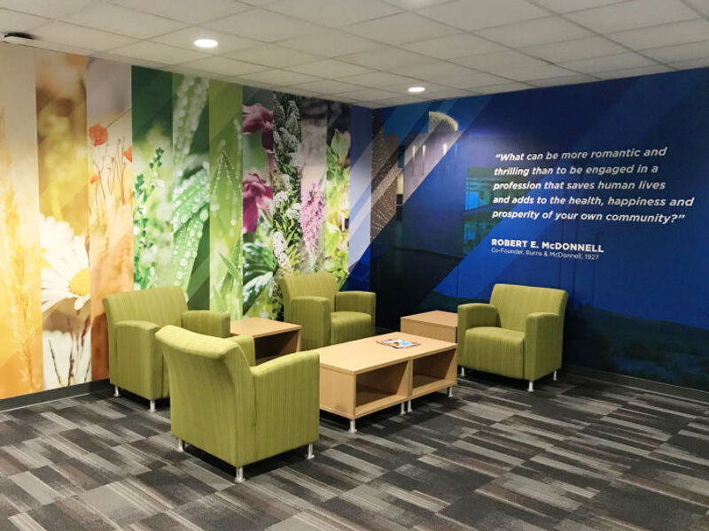 Amplify Wallcoverings in a corporate office.  We offer four options, shown here is Mystical our commercial paste-up Wallcovering made of 50% recycled post-consumer waste.