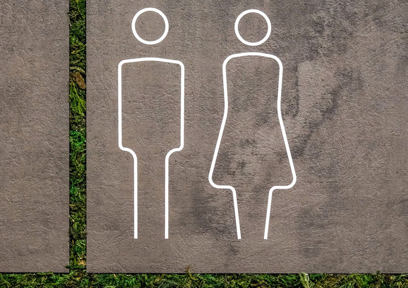 Detailed photo of minimalist pictographs on a restroom sign constructed with stone laminate and green moss inlays.