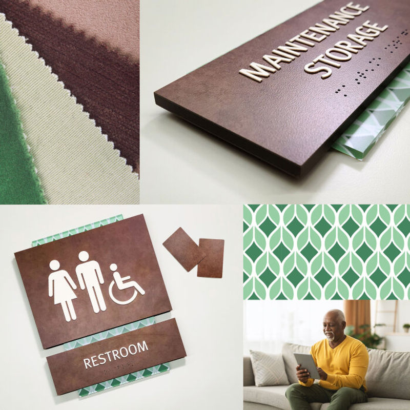 ADA compliant, Fusion room ID sign with custom backer for senior living facility