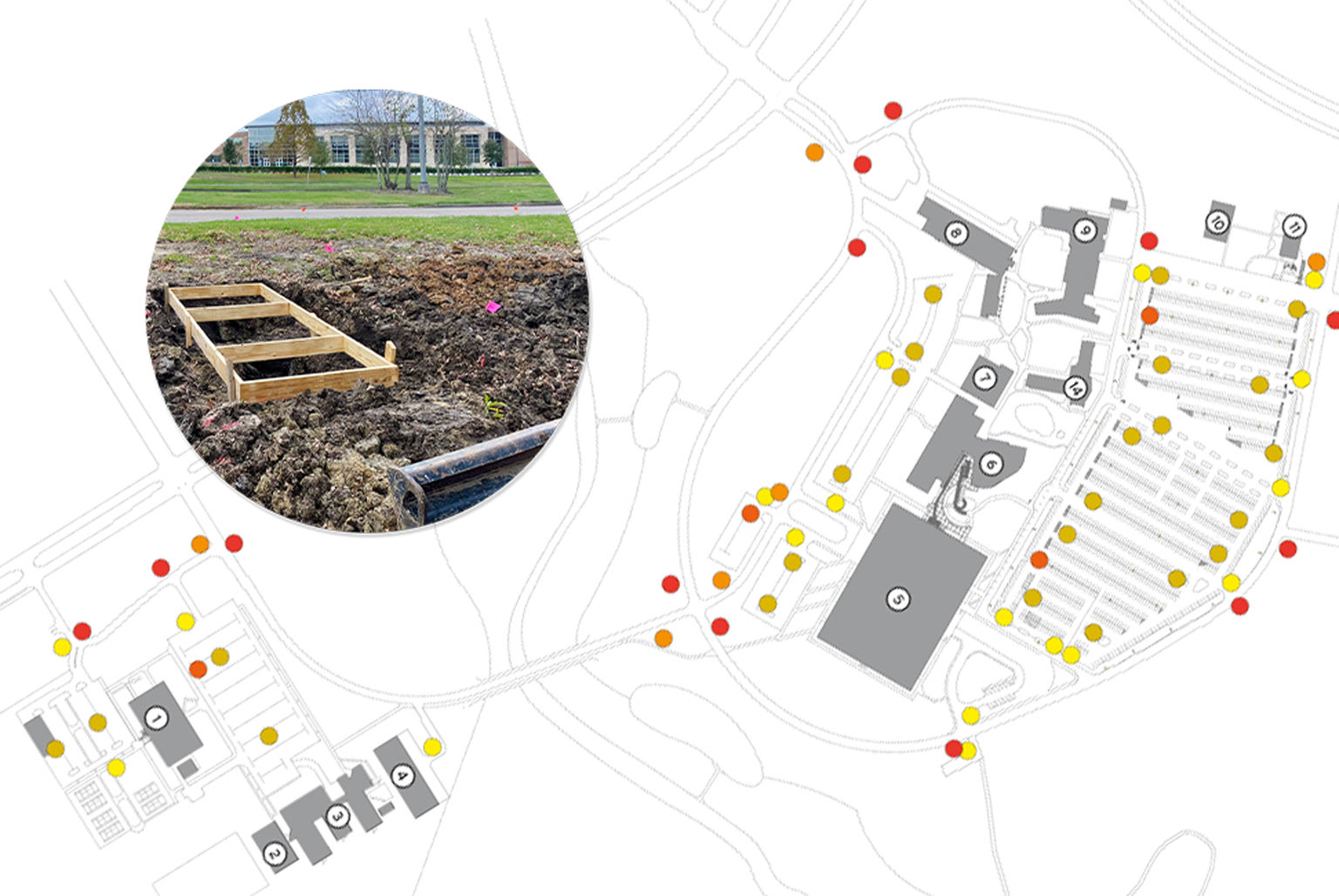 A digital site survey with colored and numbered markers identifying possible signage locations.