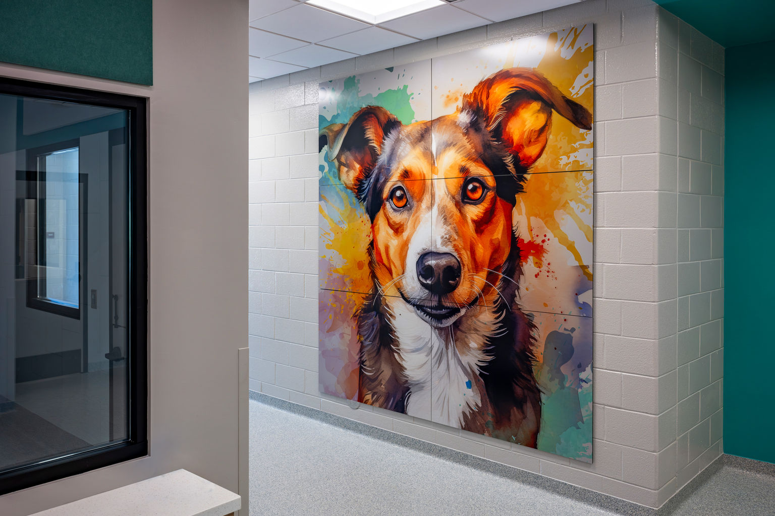 An art installation of a colorful watercolor puppy illustration on graphic panels in a pet resource center.