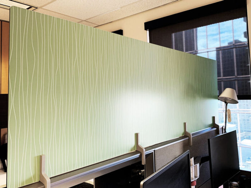 Adjoin Adaptive Panel System for workstations with a white panel adapter supporting our printed Moxie panels (acm) shown in one of our standard patterns.  Custom patterns available upon request.