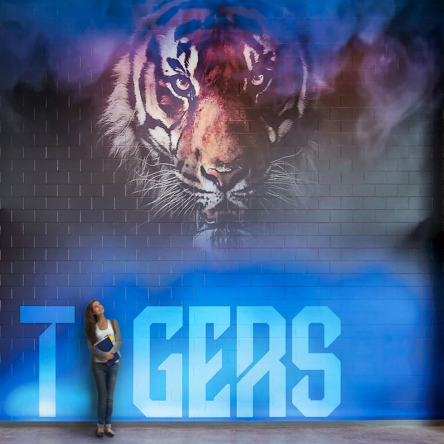 A female student interacting with a multi-story custom past-up wall covering supergraphic on a block wall in a high school featuring a dramatic brand image of a tiger's face.