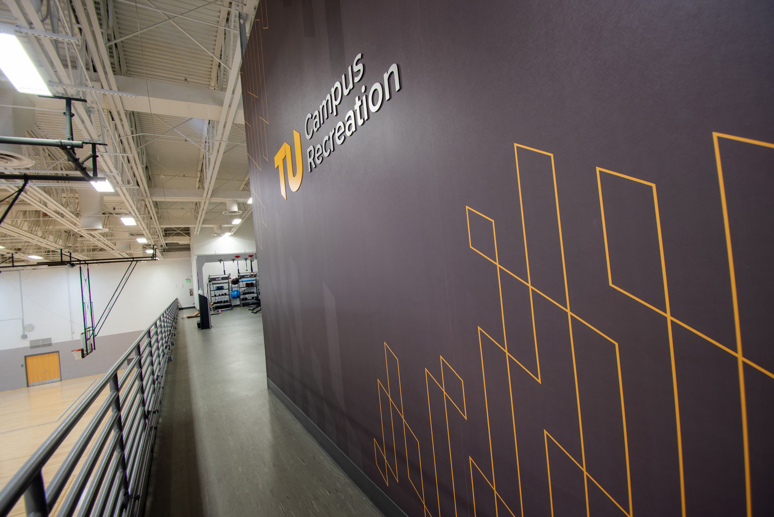 The upper level of a college basketball court branded with floor to ceiling Amplify custom wallcovering and Ethos dimensional letters and logos.