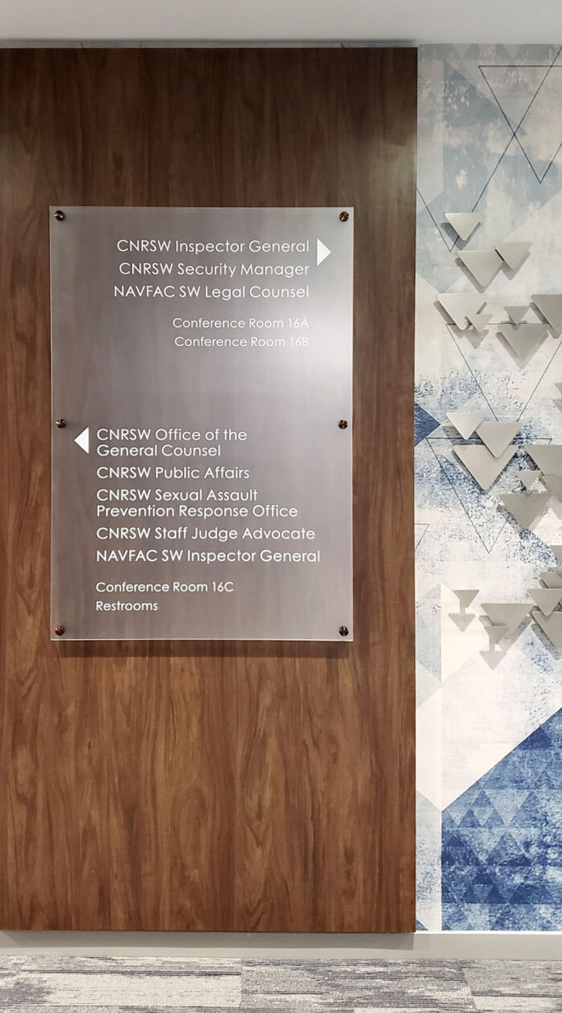 Custom Wall Directory including Amplify Pebble Wallcovering & Wilsonart Wood Laminate Wall Panel Feature