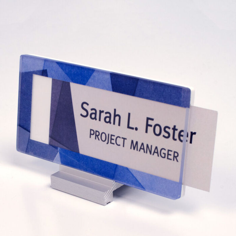 Direct print workstation nameplate with changeable paper insert & anodized aluminum desk stand