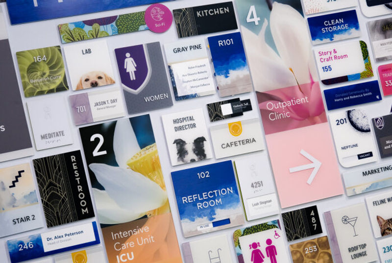 Image intense signage with custom branding capability. Wayfinding and room ID signage with ADA compliance.