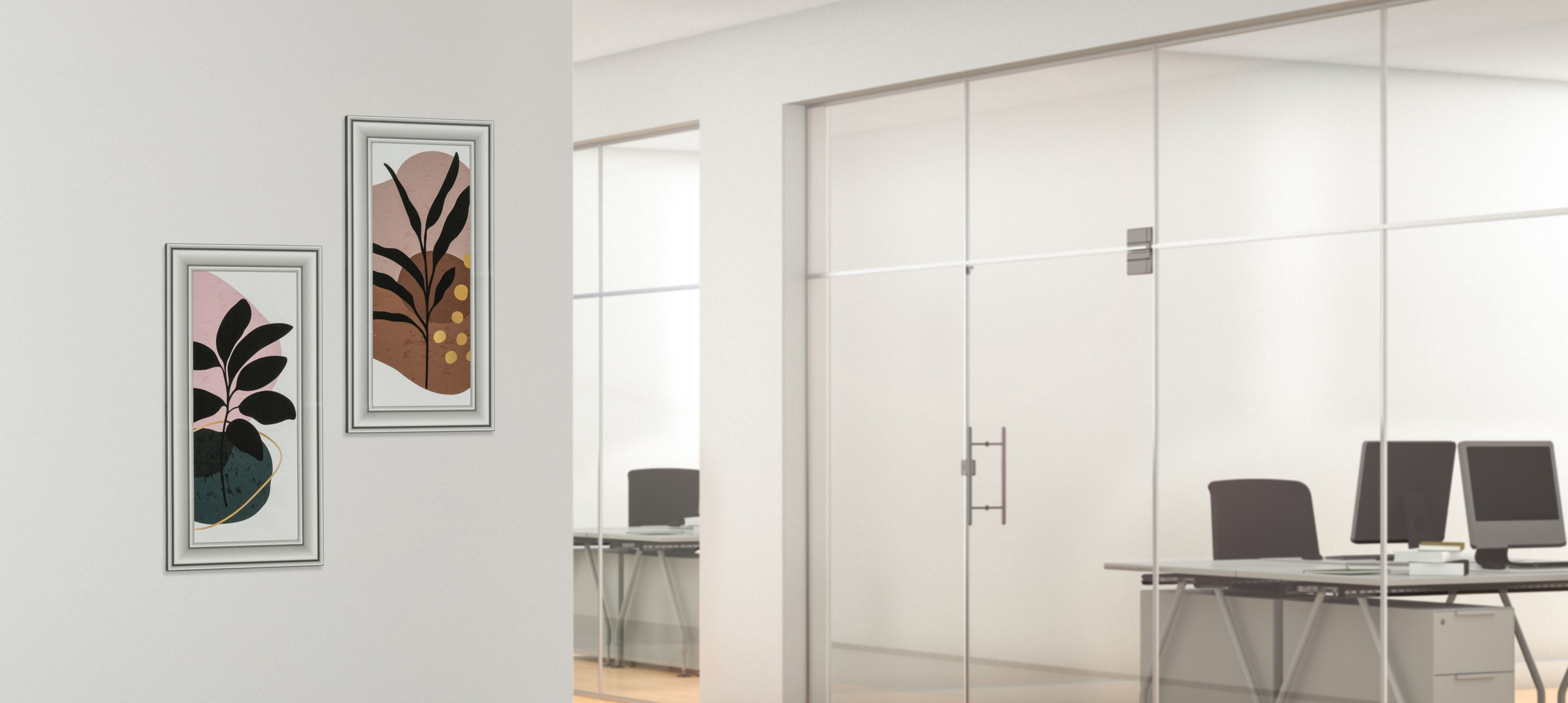 A corporate office hallway with two vertical magnetic frames with custom printed artwork inserts.