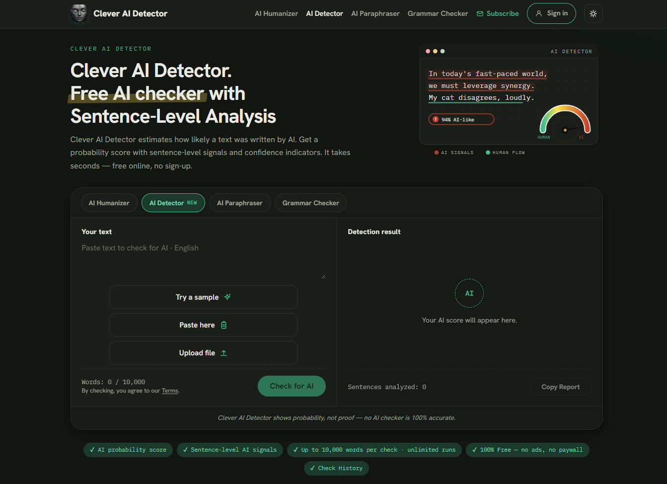 Screenshot of Clever AI Detector