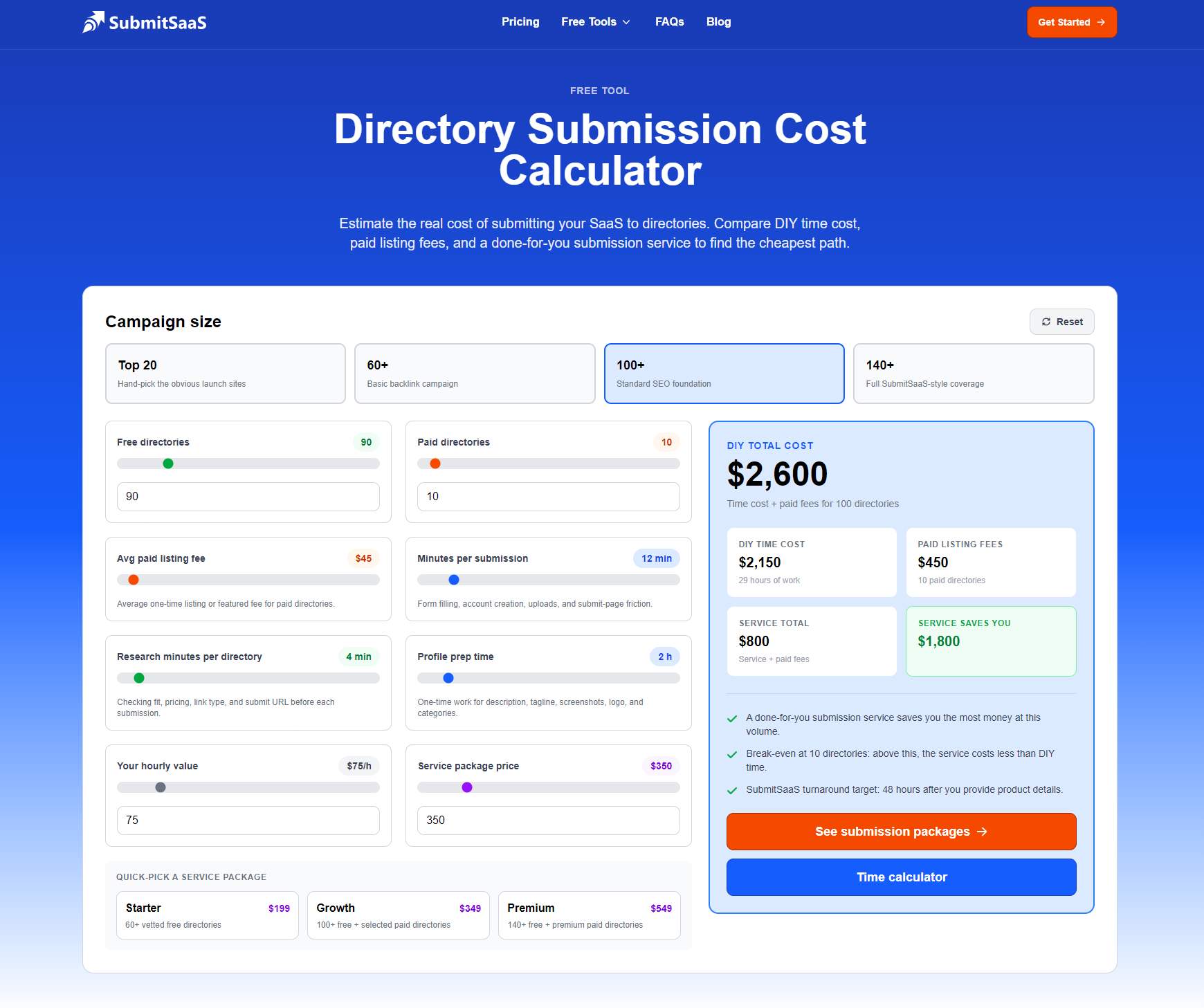 Screenshot of Directory Submission Cost Calculator