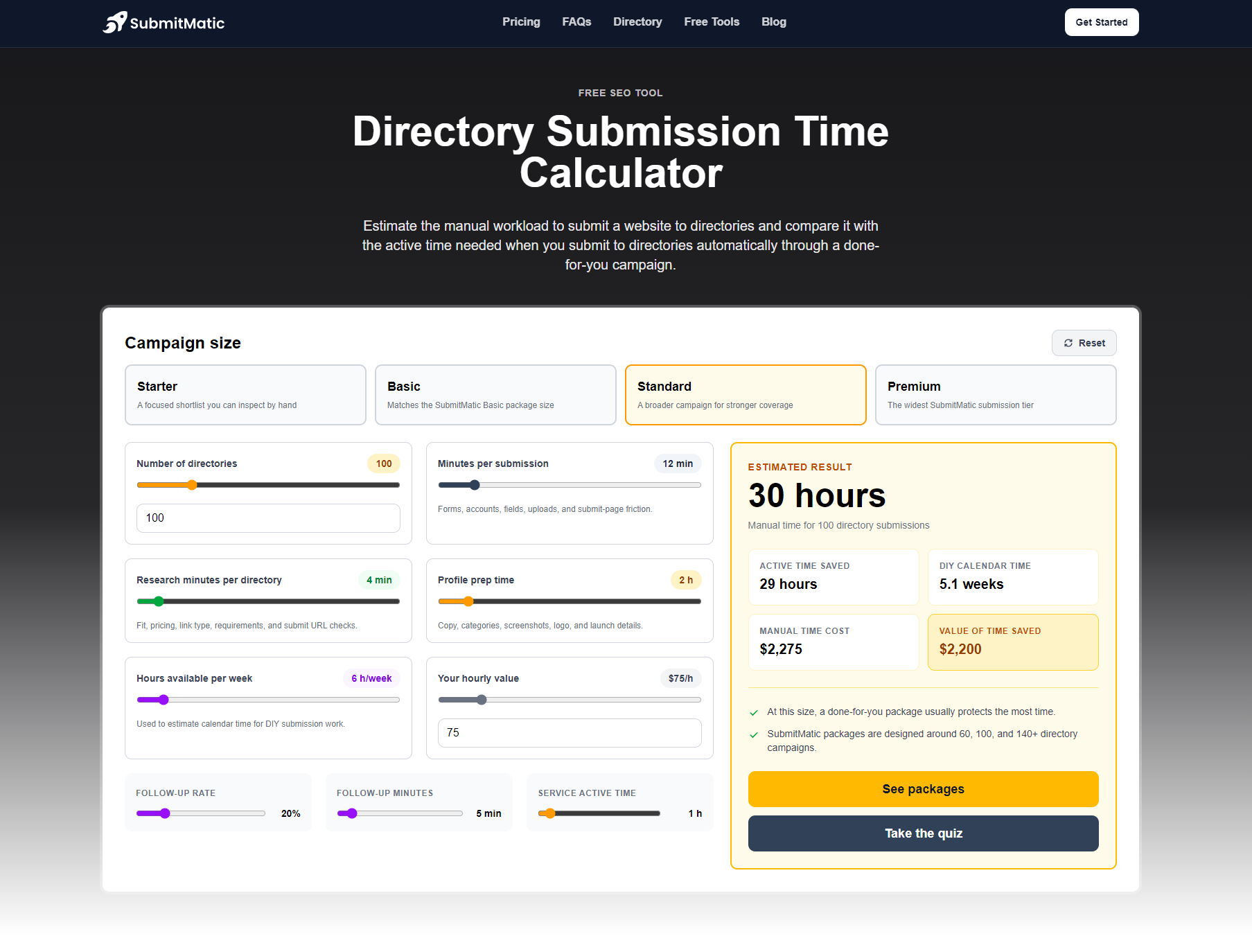 Screenshot of Directory Submission Time Calculator