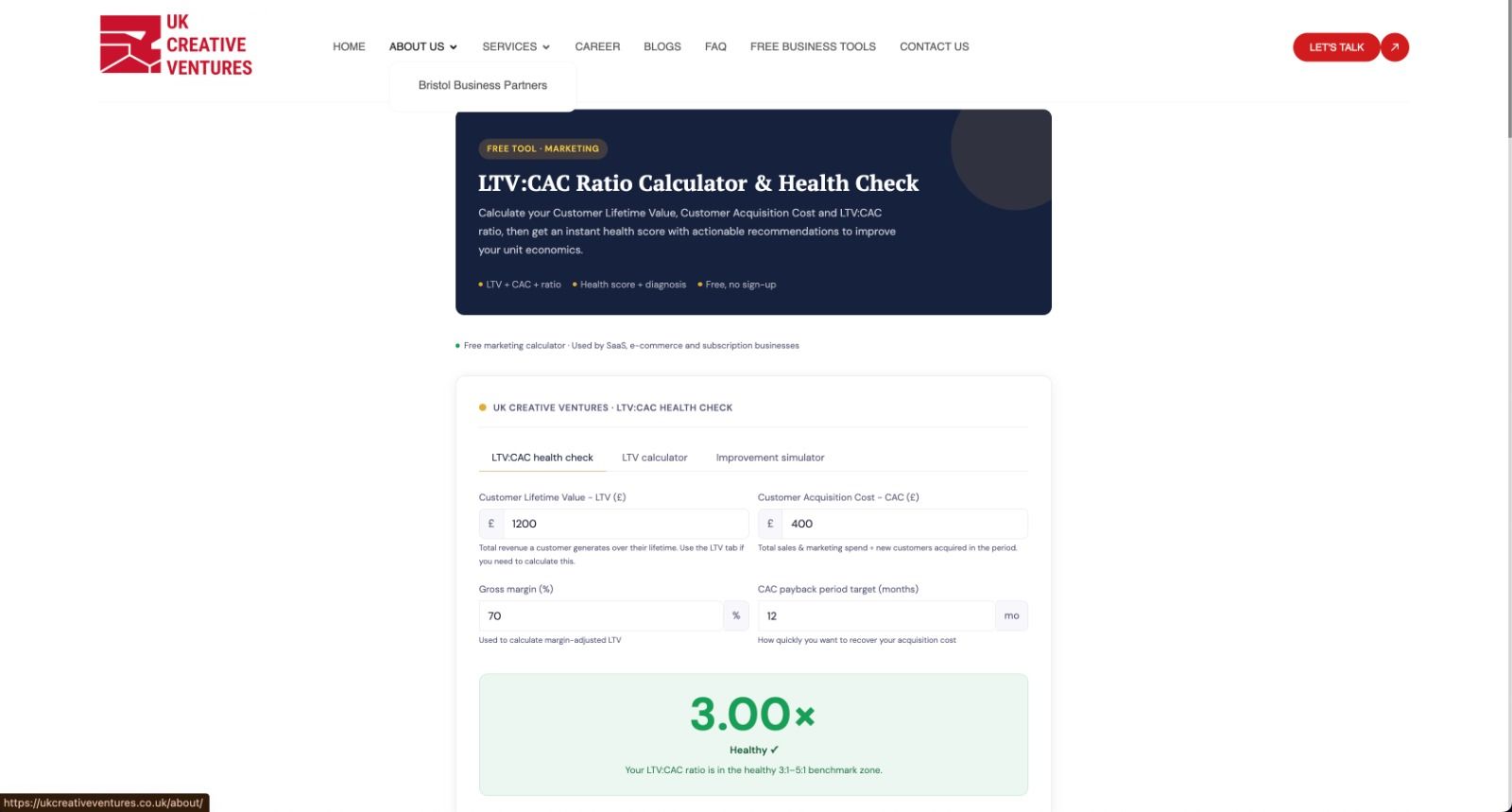 Screenshot of LTV:CAC Health Check Calculator