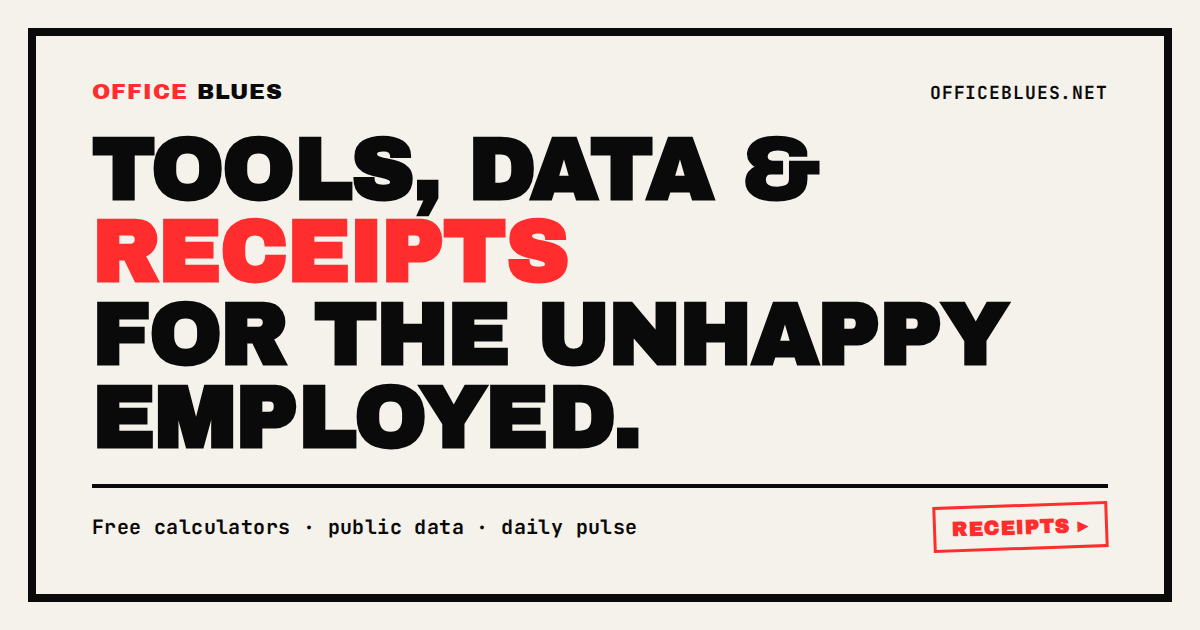Screenshot of Office Blues — free calculators and open data on what work actually costs