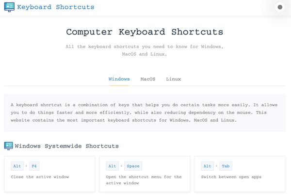 Screenshot of Online Keyboard Shortcuts