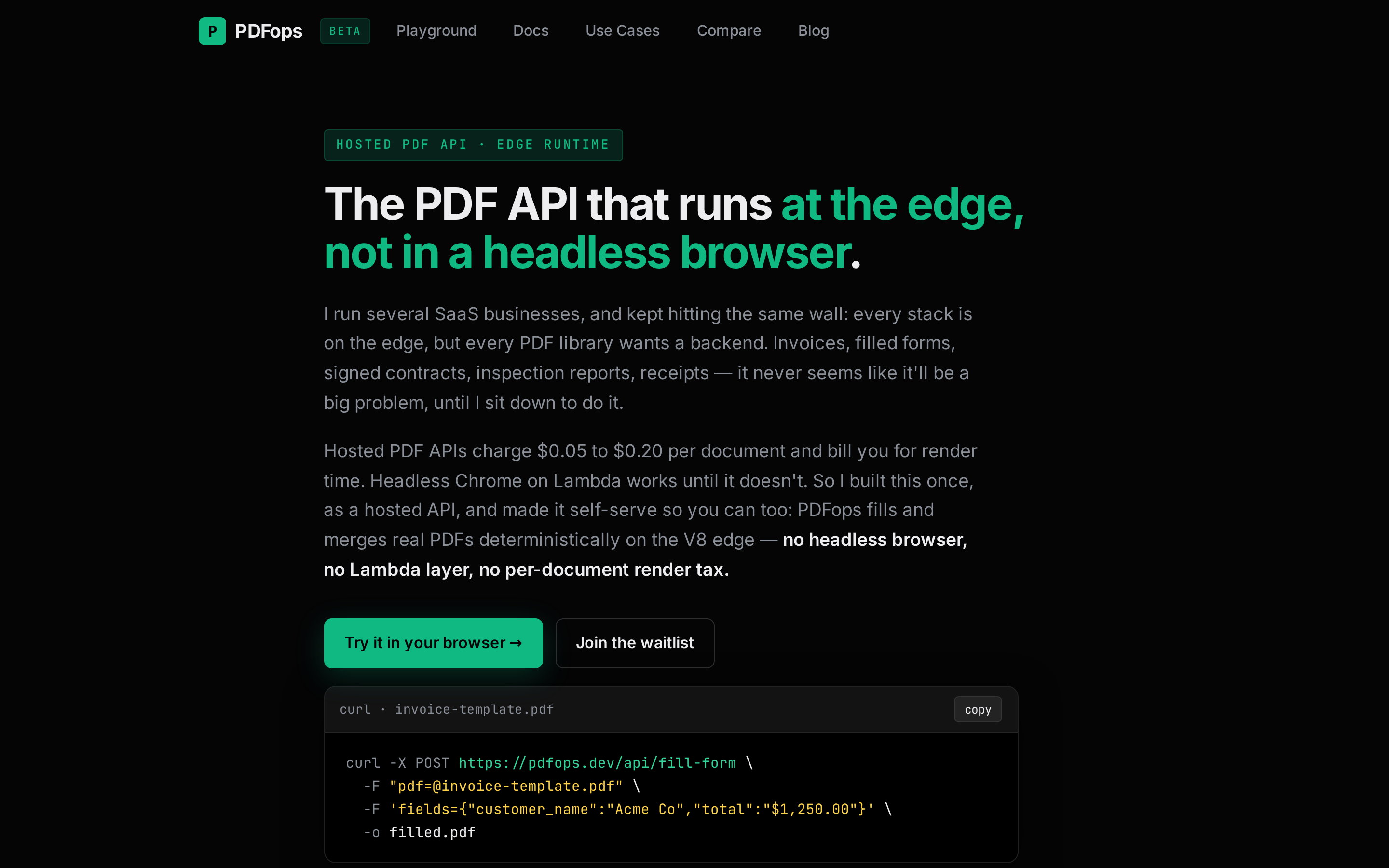 Screenshot of PDFops — the missing PDF write API for edge runtimes