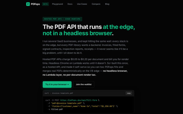 Screenshot of PDFops — the missing PDF write API for edge runtimes