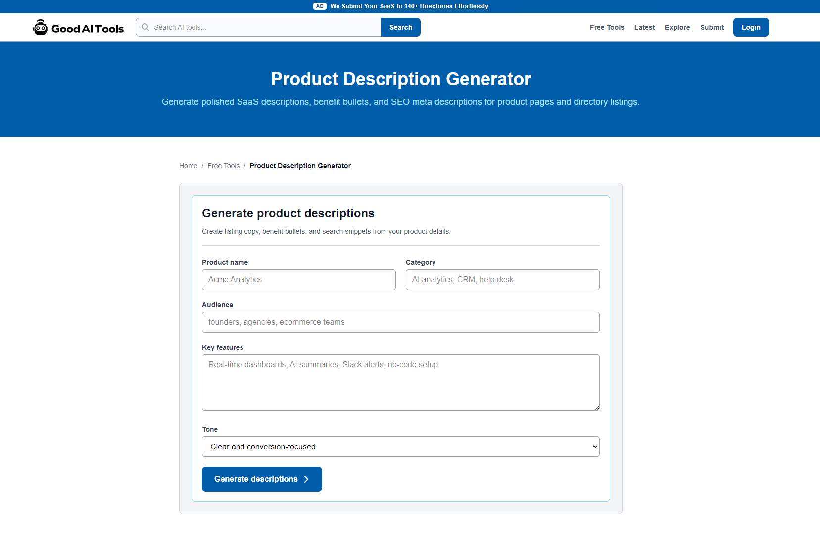 Screenshot of Product Description Generator