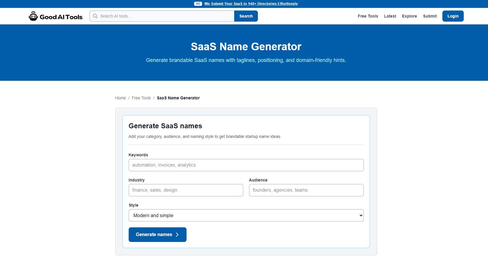 Screenshot of SaaS Name Generator