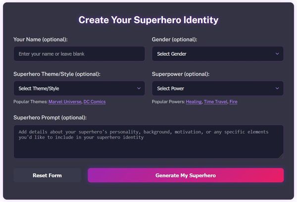 Screenshot of Superhero Name Generator