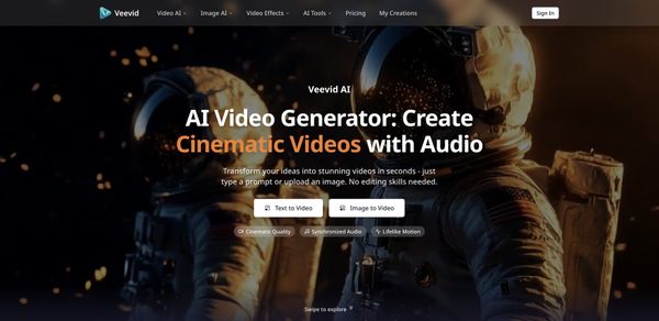 Screenshot of Veevid AI – Transform Ideas into Cinematic Videos Instantly