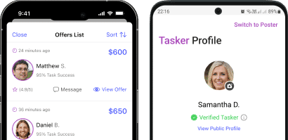 An image of two parts of the Taskpin mobile application on the screen of two mobile phones