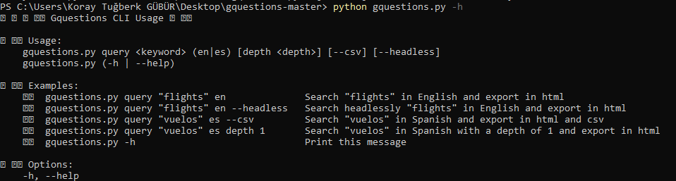 Gquestions.py -h command output