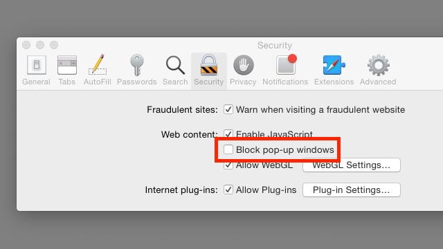 Pop-up Blocking Safari