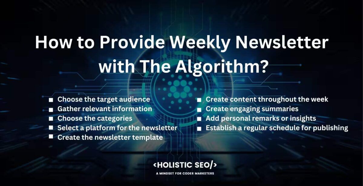 How to provide weekly newsletter with the algorithm

Choose the target audience, Gather relevant information, Choose the categories, Select a platform for the newsletter, Create the newsletter template, Create content throughout the week, Create engaging summaries, Add personal remarks or insights, Establish a regular schedule for publishing