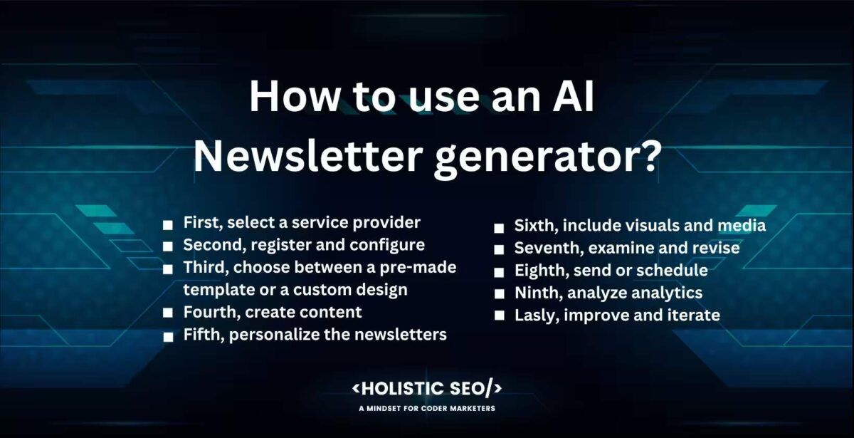 How to use an AI Newsletter generator.
select a service provide, register and configure, choose between a pre-made template or custom design, create content, personlize the newsletter, include visuals and media, examine and revise, send or schedule, analyze analytics, Improve and iterate