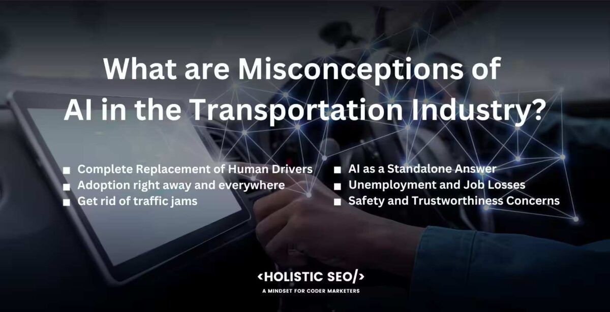 What are Misconceptions of AI in the Transportation Industry

Complete Replacement of Human Drivers, adoption right away and everywhere, get rid of traffic jams, ai as a standalone answer, unemployment and job losses, safety and trustworthiness concerns