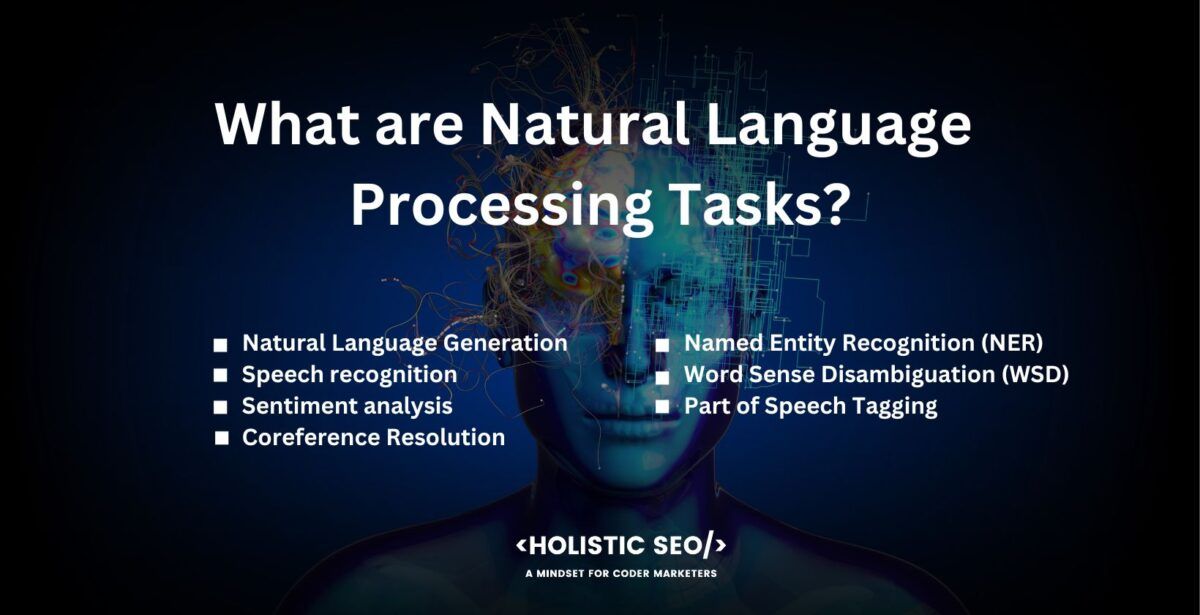 NLP has seven tasks. These tasks are Natural Language Generation (NLG), Speech Recognition, Sentiment Analysis, Coreference Resolution, Named Entity Recognition, Word Sense Disambiguation, and Part of Speech Tagging.