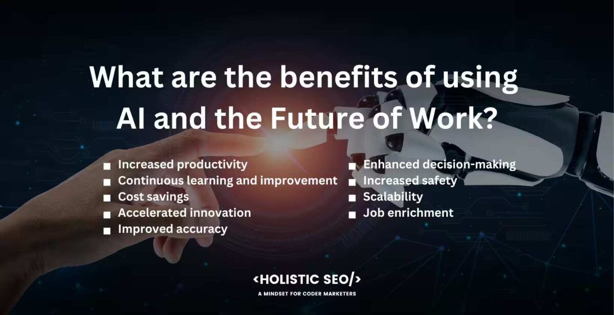 What are the benefits of usig AI and the fututre of work
Increased productivity, continuous learning and improvement, cost savings, accelerated innovation, improved accuracy, enhanced decision-making, increased safety, scalability, job enrichment