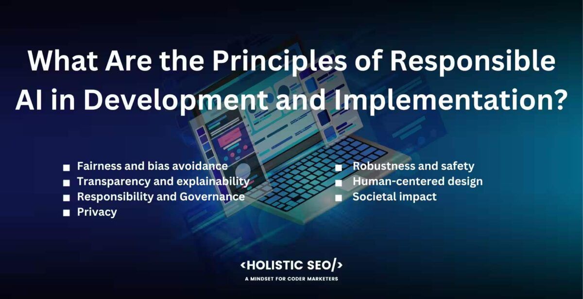 What are the principles of responsible AI in development and implementation

Fairness and bias avoidance, Transparency and explainability, Responsibility and governance, Privacy, Robustness and safety, Human-centered design, Societal impact