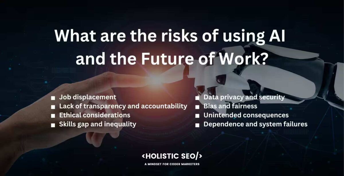 What are the risks of using AI and the future of work
job displacement, lack of transparency and accountability, ethical considerations, skills gap and inequality, data privacy and security, bias and fairness, unintended consequences, dependence and system failures