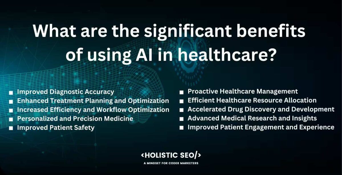 What are the significant benefits of using AI in healthcare? improved diagnostics accuracy, enhanced treatment planning and optimization, increase efficiency and workflow optimization. personalized and precision medicine