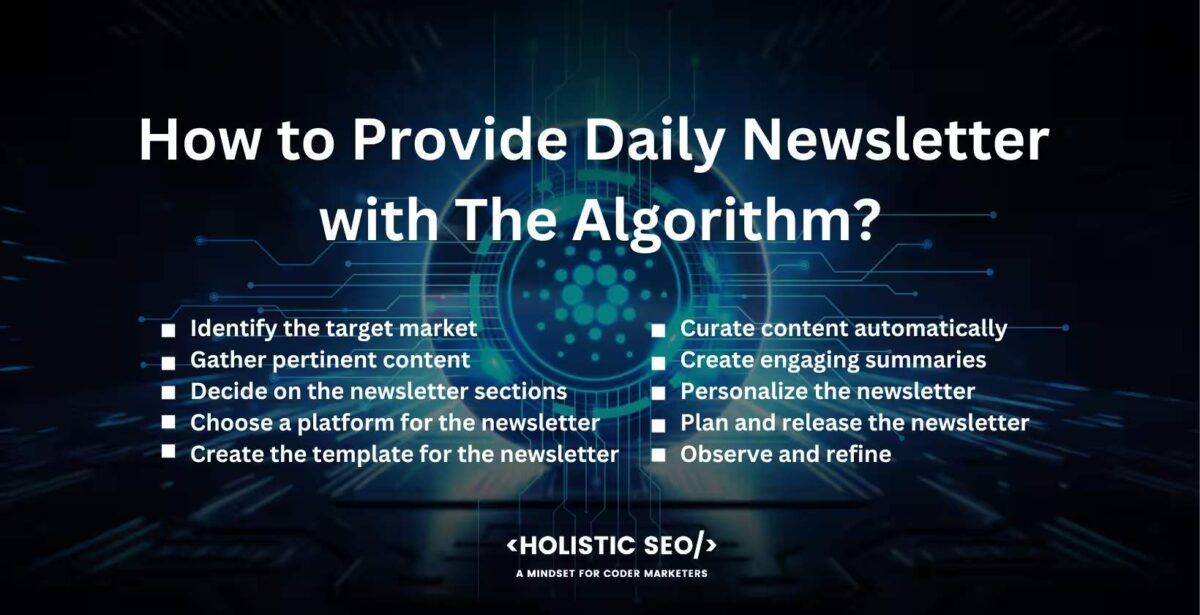 How to provide daily newsletter with the algorithm

Identify the target market, Gather pertinent content, Decide on the newsletter sections, Choose a platform for the newsletter, Create the template for the newsletter, Curate content automatically, Create engaging summaries, Personalize the newsletter, Plan and release the newsletter, Observe and refine