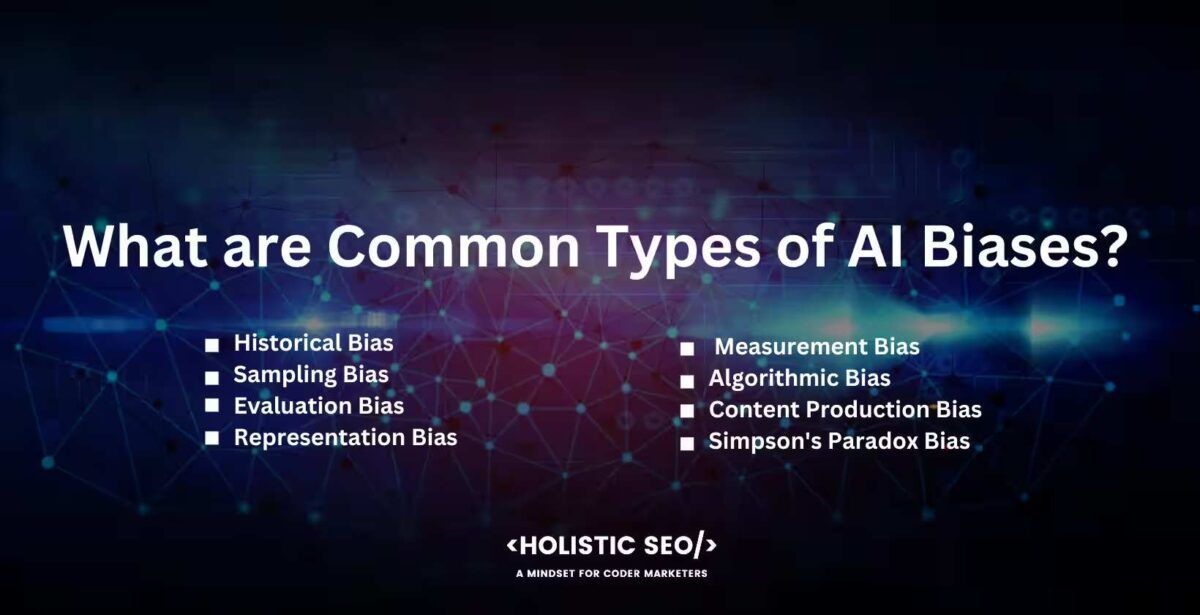 what are common types of ai biases

historical bias, sampling bias, evaluation bias, evaluation bias, representation bias, measurement bias, algorithmic bias, content production bias, simpson's paradox bias
