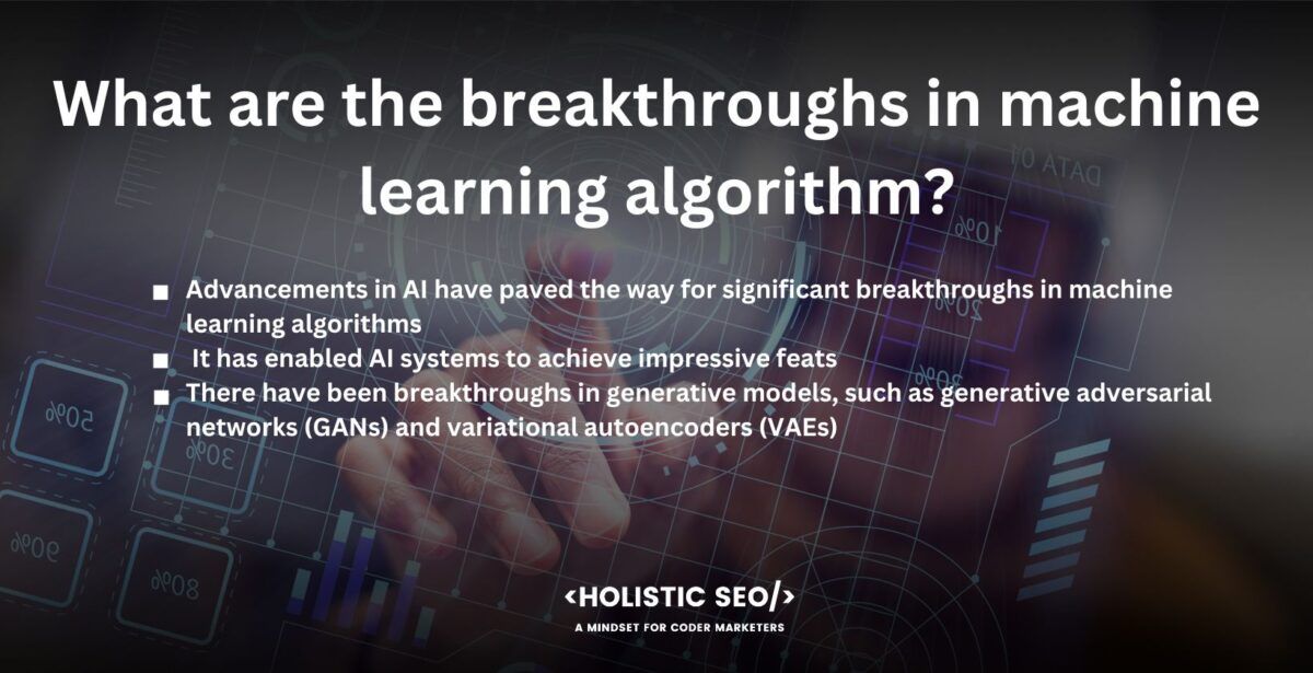 what are the breakthroughs in machine learning algorithm

Advancements in AI have paved the way for significant breakthroughs in machine learning algorithms, revolutionizing the capabilities and applications of such a field. One major breakthrough is the development of deep learning algorithms, which are neural networks with multiple layers that learn hierarchical representations of data. Deep learning has demonstrated remarkable success in various domains, such as computer vision, natural language processing, and speech recognition. 

Another breakthrough is the emergence of reinforcement learning, where an agent learns to make decisions based on feedback from its environment. It has enabled AI systems to achieve impressive feats, such as defeating world champions in complex games like Go and achieving superhuman performance in video games. There have been advancements in transfer learning, which allows models to leverage knowledge from one domain to excel in another, even with limited data. It has accelerated progress in areas where labeled datasets are scarce. 

There have been breakthroughs in generative models, such as generative adversarial networks (GANs) and variational autoencoders (VAEs), enabling the generation of realistic images, videos, and other types of synthetic data. These breakthroughs in machine learning algorithms have opened up new possibilities in areas like healthcare, autonomous systems, robotics, and personalized recommendations, among others. They have propelled the field of AI forward, fostering innovation and pushing the boundaries of what is possible in artificial intelligence.