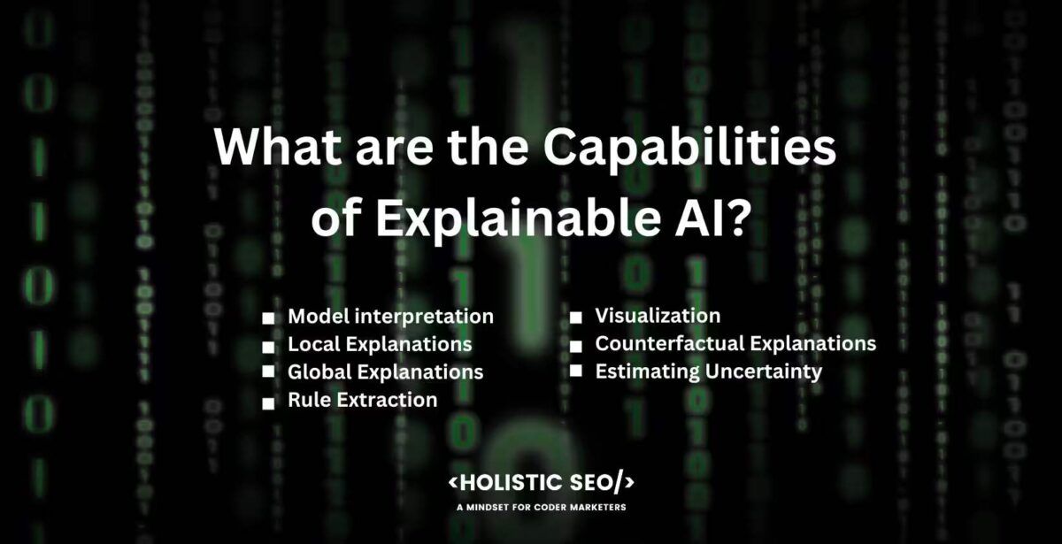 what are the capabilities of explainable ai

model interpretation, local explanations, global explanations, rule extraction, visualization, counterfactual  explanations, estimating uncertainty 