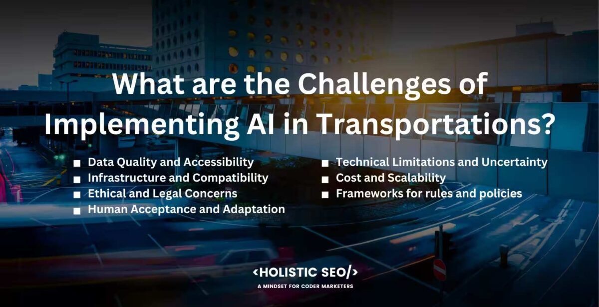 what are the challenges of implementing ai in transportations

data quality and accessibility, infrastructure and compatibility, ethical and legal concerns, human acceptance and adaptation, technical limitations and uncertainty, cost and scalability,frameworks for rules and policies