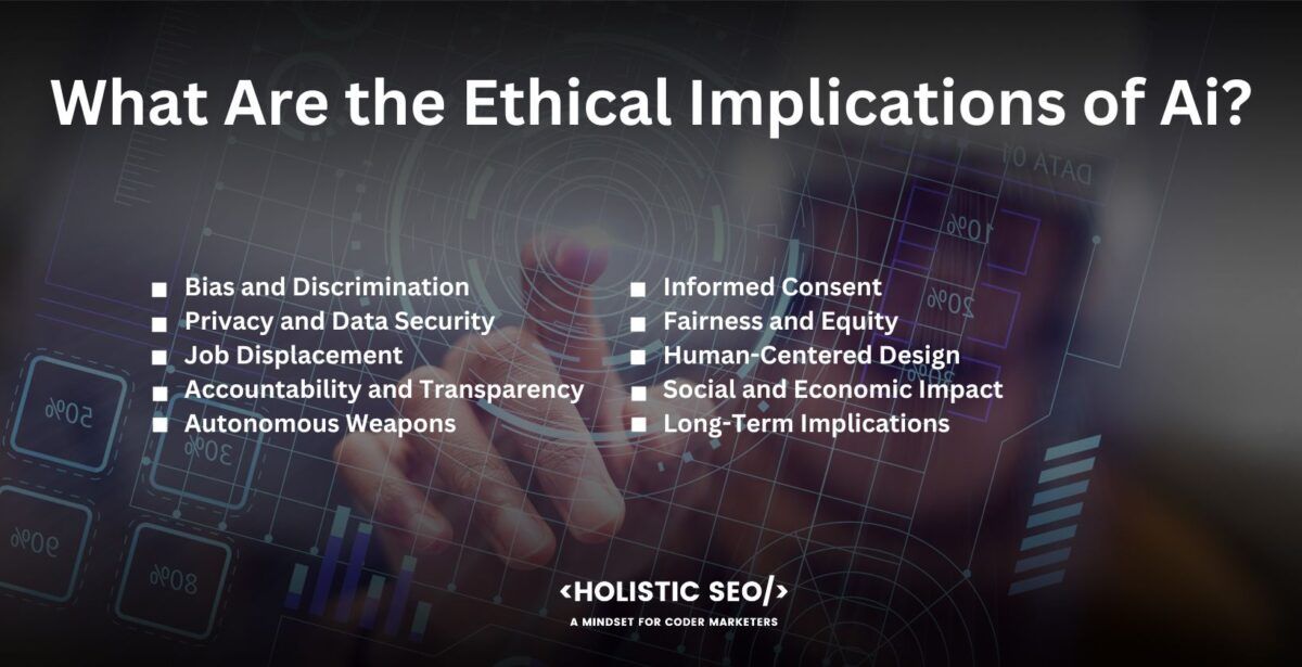 what are the ethical implications of ai

Bias and Discrimination: AI is going to reinforce existing biases and discrimination if its systems are taught on biased data. Such a process leads to unfair results in areas like hiring, lending, and criminal justice.

Privacy and Data Security: AI often relies on collecting and analyzing large amounts of personal data, raising concerns about privacy breaches and unauthorized access to sensitive information.

Job Displacement: The automation potential of AI raises concerns about job displacement and the need for re-skilling or re-training of the workforce, leading to economic and societal challenges.

Accountability and Transparency: AI systems, particularly complex deep learning models, are challenging to interpret and understand. Ensuring transparency and accountability for AI decisions is crucial, especially in areas with significant impacts on human lives, such as healthcare and autonomous vehicles.

Autonomous Weapons: The development of AI-powered autonomous weapons raises ethical dilemmas regarding the delegation of lethal decision-making to machines and the potential for unintended consequences or misuse.

Informed Consent: AI systems that process personal data must ensure informed consent and provide individuals with a clear understanding and control over how their data is used.

Fairness and Equity: AI algorithms must be designed to mitigate biases and ensure fair treatment across different demographic groups, avoiding discrimination and unequal outcomes.

Human-Centered Design: Prioritizing human well-being, safety, and dignity must be central to the development and deployment of AI systems, avoiding harm and preserving human autonomy.

Social and Economic Impact: AI technology has the potential to exacerbate social inequalities and concentrate power in the hands of a few, necessitating proactive measures to ensure equitable access and benefits for all.

Long-Term Implications: Exploring Ethical considerations in AI must extend to the long-term impact of AI on society, including its effects on democratic processes, human relationships, and the overall quality of life.